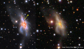 Adam Block spotted the supernova (arrow) when he compared his image of the galaxy to others that were taken before the star exploded. (Photo: Sloan Digital Sky Survey/Adam Block) Adam Block spotted the supernova (arrow) when he compared his image of the galaxy to others that were taken before the star exploded. (Photo: Sloan Digital Sky Survey/Adam Block)
