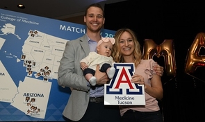 Nathan and Deanna Sherman and their baby daughter celebrate Nathan's match to the orthopedic surgery residency program at the College of Medicine – Phoenix. (Photo: Rick Kopstein/UAHS Biocommunications) Nathan and Deanna Sherman and their baby daughter celebrate Nathan's match to the orthopedic surgery residency program at the College of Medicine – Phoenix. (Photo: Rick Kopstein/UAHS Biocommunications)