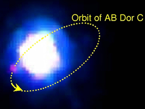 An enhanced false color infrared image of AB Dor A and C. The faintcompanion "AB Dor C" -- seen as the pink dot at 8 O'clock -- is 120times fainter than its primary star. The tiny 0.156 arcsec separation between A and C issmaller than a dime seen from 8 miles away. Nevertheless, the newNACO SDI camera was able to distinguish it as a "redder" dotsurrounded by the "bluer" light from AB Dor A. The orbit of AB Dor C around AB DorA is shown as a yellow ellipse. It takes 11.75 years for the 93 Jupiter mass companion to complete this orbit. (Photo Credit: Laird Close, Steward Observatory) An enhanced false color infrared image of AB Dor A and C. The faintcompanion "AB Dor C" -- seen as the pink dot at 8 O'clock -- is 120times fainter than its primary star. The tiny 0.156 arcsec separation between A and C issmaller than a dime seen from 8 miles away. Nevertheless, the newNACO SDI camera was able to distinguish it as a "redder" dotsurrounded by the "bluer" light from AB Dor A. The orbit of AB Dor C around AB DorA is shown as a yellow ellipse. It takes 11.75 years for the 93 Jupiter mass companion to complete this orbit. (Photo Credit: Laird Close, Steward Observatory)
