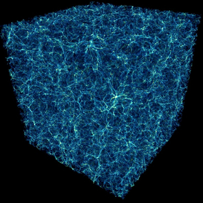 The dataset for this image comes from one of the largest adaptive mesh simulations of the cosmos ever done. The simulation follows the evolution of both dark matter and baryonic gas from slightly after the big bang to the present day. Bright spots depict clusters of galaxies, and the particularly large bright spot at the center is a cluster approximately 2 quadrillion solar masses. The filamentary structures, or “Cosmic Web,” are similar to those seen by telescopes. (Image courtesy of Matthew Hall, University of Arizona and Brian O'Shea, Michigan State University) The dataset for this image comes from one of the largest adaptive mesh simulations of the cosmos ever done. The simulation follows the evolution of both dark matter and baryonic gas from slightly after the big bang to the present day. Bright spots depict clusters of galaxies, and the particularly large bright spot at the center is a cluster approximately 2 quadrillion solar masses. The filamentary structures, or “Cosmic Web,” are similar to those seen by telescopes. (Image courtesy of Matthew Hall, University of Arizona and Brian O'Shea, Michigan State University)
