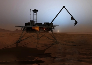 (Click to enlarge) Artist rendering of the Phoenix Mars Lander. This artist's rendition shows the Phoenix Lander as it begins to shut down operations as winter sets in. No sun shines on Mars' far northern latitudes during winter. This marks the end of the mission because the solar panels can no longer charge the lander's batteries. As the atmosphere cools, frost will bury the lander in ice. (Artist: Corby Waste, Jet Propulsion Laboratory)