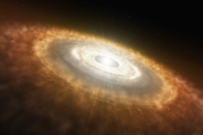 Like a raindrop forming in a cloud, a star forms in a diffuse gas cloud in deep space. As the star grows, its gravitational pull draws in dust and gas from the surrounding molecular cloud to form a swirling disk called a "protoplanetary disk." This disk eventually further consolidates to form planets, moons, asteroids and comets. (Credit: NASA/JPL-Caltech) Like a raindrop forming in a cloud, a star forms in a diffuse gas cloud in deep space. As the star grows, its gravitational pull draws in dust and gas from the surrounding molecular cloud to form a swirling disk called a "protoplanetary disk." This disk eventually further consolidates to form planets, moons, asteroids and comets. (Credit: NASA/JPL-Caltech)