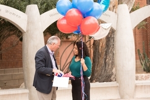 UA president Robert C. Robbins surprised Leah Crowder with balloons after she was named a Rhodes scholar. (Photo: Chris Richards/UA Alumni Association) UA president Robert C. Robbins surprised Leah Crowder with balloons after she was named a Rhodes scholar. (Photo: Chris Richards/UA Alumni Association)