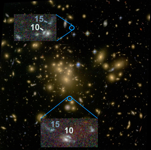 This image taken by the Hubble Space Telescope focuses on two different galaxies, one named "10" and another named "15." Neither object looks as big and beautiful as the Milky Way but nonetheless each is still a galaxy. Each appears twice on the sky. In fact, there only is one real galaxy 10 and one real galaxy 15, and a natural telescope in space has "photocopied" their images on the sky so now there appears to be two of them. (Image: Brenda Frye) This image taken by the Hubble Space Telescope focuses on two different galaxies, one named "10" and another named "15." Neither object looks as big and beautiful as the Milky Way but nonetheless each is still a galaxy. Each appears twice on the sky. In fact, there only is one real galaxy 10 and one real galaxy 15, and a natural telescope in space has "photocopied" their images on the sky so now there appears to be two of them. (Image: Brenda Frye)