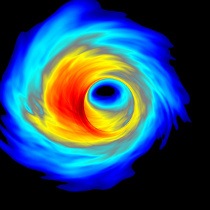 A computer simulation of superheated plasma swirling around the black hole at the center of our galaxy. (Image by Scott Noble/RIT) A computer simulation of superheated plasma swirling around the black hole at the center of our galaxy. (Image by Scott Noble/RIT)