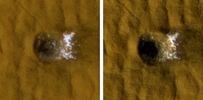 (Click to enlarge) Earlier and later HiRISE images of a fresh meteorite crater 12 meters, or 40 feet, across located within Arcadia Planitia on Mars show how water ice excavated at the crater faded with time. The images, each 35 meters, or 115 feet across, were taken in November 2008 and January 2009. (Click to enlarge) Earlier and later HiRISE images of a fresh meteorite crater 12 meters, or 40 feet, across located within Arcadia Planitia on Mars show how water ice excavated at the crater faded with time. The images, each 35 meters, or 115 feet across, were taken in November 2008 and January 2009.
