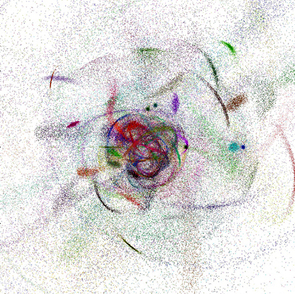 This model shows the halo of the Milky Way created solely from destroyed dwarf galaxies. It mimics the large-scale structure of the Milky Way halo and is qualitatively consistent with modern models of the evolution of structure in the Universe. The Milky Way galactic center is at the very center of the illustration. This model shows the halo of the Milky Way created solely from destroyed dwarf galaxies. It mimics the large-scale structure of the Milky Way halo and is qualitatively consistent with modern models of the evolution of structure in the Universe. The Milky Way galactic center is at the very center of the illustration.