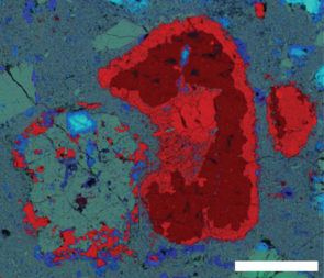 In this image of a sample studied, different chemical elements appear in different colors. The round, mostly green object ringed by red is a silicate chondrule, whereas the large red object on the right is a sulfide chondrule. The sulfide chondrule was deformed during the collision with the silicate chondrule while it was still very hot. The scalebar is 100 microns long. (Photo courtesy of Kelly Miller) In this image of a sample studied, different chemical elements appear in different colors. The round, mostly green object ringed by red is a silicate chondrule, whereas the large red object on the right is a sulfide chondrule. The sulfide chondrule was deformed during the collision with the silicate chondrule while it was still very hot. The scalebar is 100 microns long. (Photo courtesy of Kelly Miller)