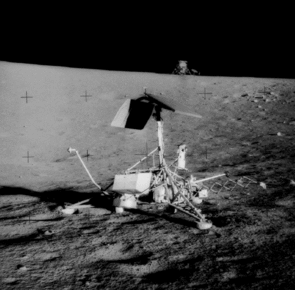 Surveyor 3 on the moon. Thanks to UA's Ewen Whitaker mapping efforts, Apollo 12 astronauts were able to make a pinpoint landing (the lunar module can be seen on the horizon) and walk over to the Surveyor probe, which had touched down a year and half before. (Photo: NASA) Surveyor 3 on the moon. Thanks to UA's Ewen Whitaker mapping efforts, Apollo 12 astronauts were able to make a pinpoint landing (the lunar module can be seen on the horizon) and walk over to the Surveyor probe, which had touched down a year and half before. (Photo: NASA)