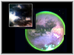 Titan's Complex Surface -This image taken by Cassini's visual and infrared mapping spectrometer clearly shows surface features on Titan. It is a composite of false-color images taken at three infrared wavelengths as Cassini flew by Titan at altitudes ranging from 88,000 to 63,000 miles. The inset picture shows the landing site of Cassini's piggybacked Huygens probe. UA's Robert Brown leads the VIMS team.(Image Credit: NASA/JPL/University of Arizona) Titan's Complex Surface -This image taken by Cassini's visual and infrared mapping spectrometer clearly shows surface features on Titan. It is a composite of false-color images taken at three infrared wavelengths as Cassini flew by Titan at altitudes ranging from 88,000 to 63,000 miles. The inset picture shows the landing site of Cassini's piggybacked Huygens probe. UA's Robert Brown leads the VIMS team.(Image Credit: NASA/JPL/University of Arizona)