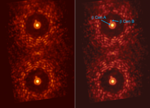 Double image of the star beta Centauri taken through an experimental version of the vector-APP coronagraph installed at MagAO. Located 350 light-years from Earth, beta Centauri is a system of two companion stars orbiting each other at about four times the average distance between the Earth and the sun. Both images of beta Centauri contain a dark region that covers the complete 360 degrees around the central star. In both cases, the binary companion to beta Centauri is easily detected. (Image: Leiden/UA) Double image of the star beta Centauri taken through an experimental version of the vector-APP coronagraph installed at MagAO. Located 350 light-years from Earth, beta Centauri is a system of two companion stars orbiting each other at about four times the average distance between the Earth and the sun. Both images of beta Centauri contain a dark region that covers the complete 360 degrees around the central star. In both cases, the binary companion to beta Centauri is easily detected. (Image: Leiden/UA)
