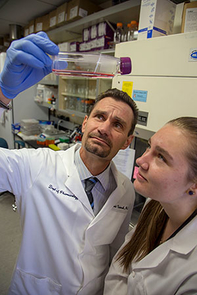 Todd Vanderah and undergraduate researcher Angela Smith work in the lab. Todd Vanderah and undergraduate researcher Angela Smith work in the lab.