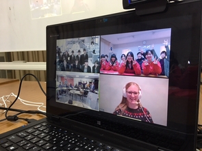 Students from Changemaker High School (bottom left) and UA master's student Sarah Johnson (bottom right) meet via videoconference with teens in Japan. (Photo courtesy of Kaito Abe) Students from Changemaker High School (bottom left) and UA master's student Sarah Johnson (bottom right) meet via videoconference with teens in Japan. (Photo courtesy of Kaito Abe)