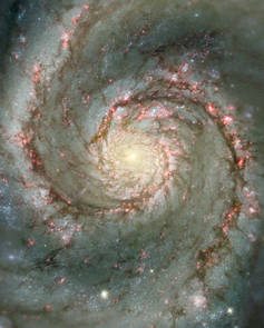 This Hubble composite image of the Whirlpool galaxy, or M51, shows visible starlight as well as light from the emission of glowing hydrogen, which is associated with the most luminous young stars in the spiral arms. This Wide Field Planetary Camera 2 image enabled a research group including UA astronomers Rodger Thompson and Marcia Rieke to resolve intricate details of the galaxy's structure. (Credit: NASA and the Hubble Heritage Team (STScI/AURA) Acknowledgment: N. Scoville (Caltech) and T. Rector (NOAO)) This Hubble composite image of the Whirlpool galaxy, or M51, shows visible starlight as well as light from the emission of glowing hydrogen, which is associated with the most luminous young stars in the spiral arms. This Wide Field Planetary Camera 2 image enabled a research group including UA astronomers Rodger Thompson and Marcia Rieke to resolve intricate details of the galaxy's structure. (Credit: NASA and the Hubble Heritage Team (STScI/AURA) Acknowledgment: N. Scoville (Caltech) and T. Rector (NOAO))
