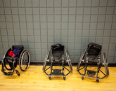 Standard and specially designed wheelchairs are used for athletics. Standard and specially designed wheelchairs are used for athletics.