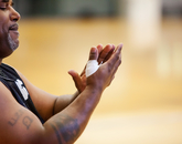 Derrick McMillon prepares to play basketball. Derrick McMillon prepares to play basketball.
