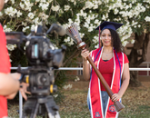 Jaesa Strong, a senior graduating with a degree in pharmacy, poses with the university's ceremonial mace during filming for the virtual 2020 Commencement. (Photo: Chris Richards/University of Arizona) Jaesa Strong, a senior graduating with a degree in pharmacy, poses with the university's ceremonial mace during filming for the virtual 2020 Commencement. (Photo: Chris Richards/University of Arizona)