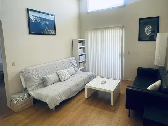 Cozy living room with a gray futon, black sofa, white table, and light wood flooring; features natural light and wall art.