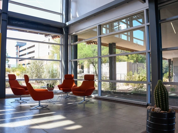 A modern indoor lounge area with floor-to-ceiling windows features four bright orange chairs arranged around a small table with a plant. Natural light fills the space, highlighting views of desert landscaping and nearby buildings outside, with a tall potted cactus in the foreground.