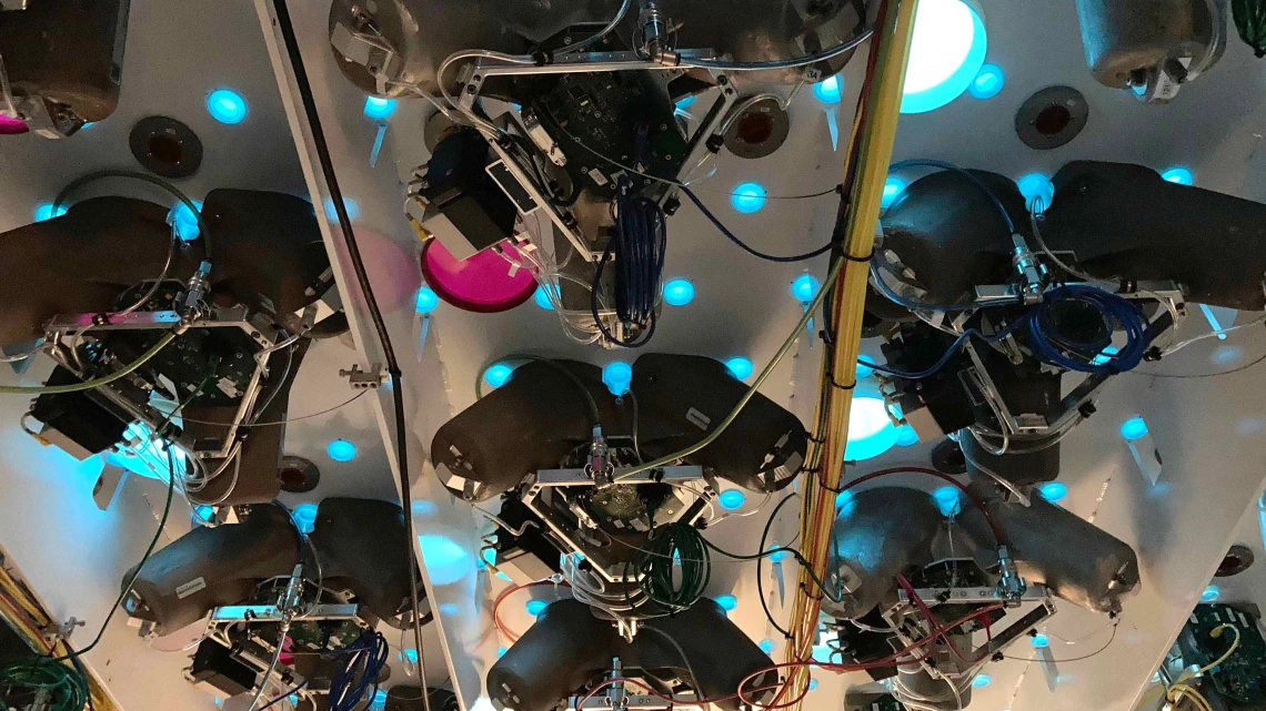 Close-up view of actuator devices inside the support structure.