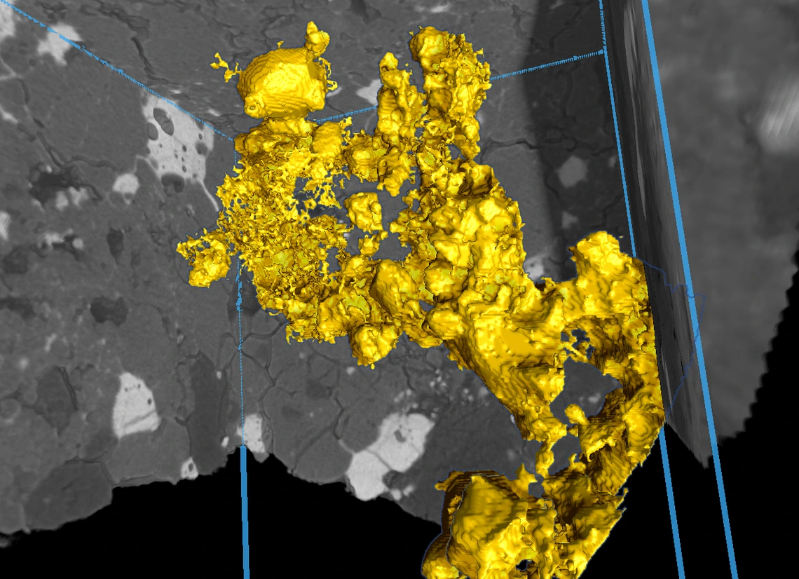 Resembling a raw gold vein, a molten sulfide network is revealed percolating between grey rock in this microscopic image