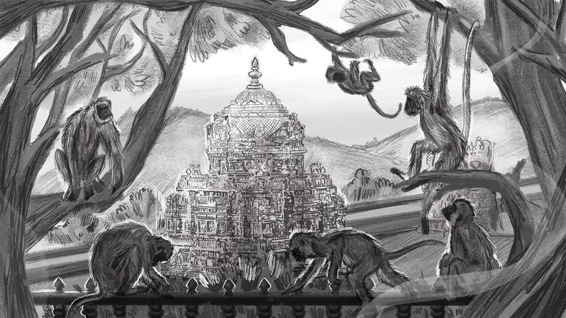 A grayscale illustration showing several monkeys perched on and swinging from tree branches in the foreground, with an intricately detailed South Indian temple in the background. The temple is surrounded by hills, and the scene evokes a sense of cultural and environmental richness.