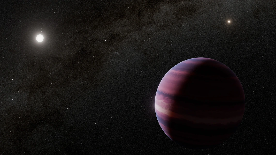 Artist's concept of an giant gas planet in the foreground with a star, in this case Alpha Centauri A, in the distance. 