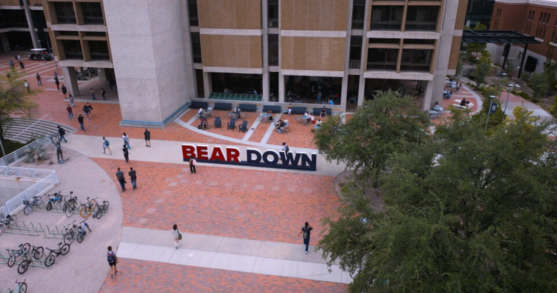Overhead view of University of Arizona campus and Bear Down sign.