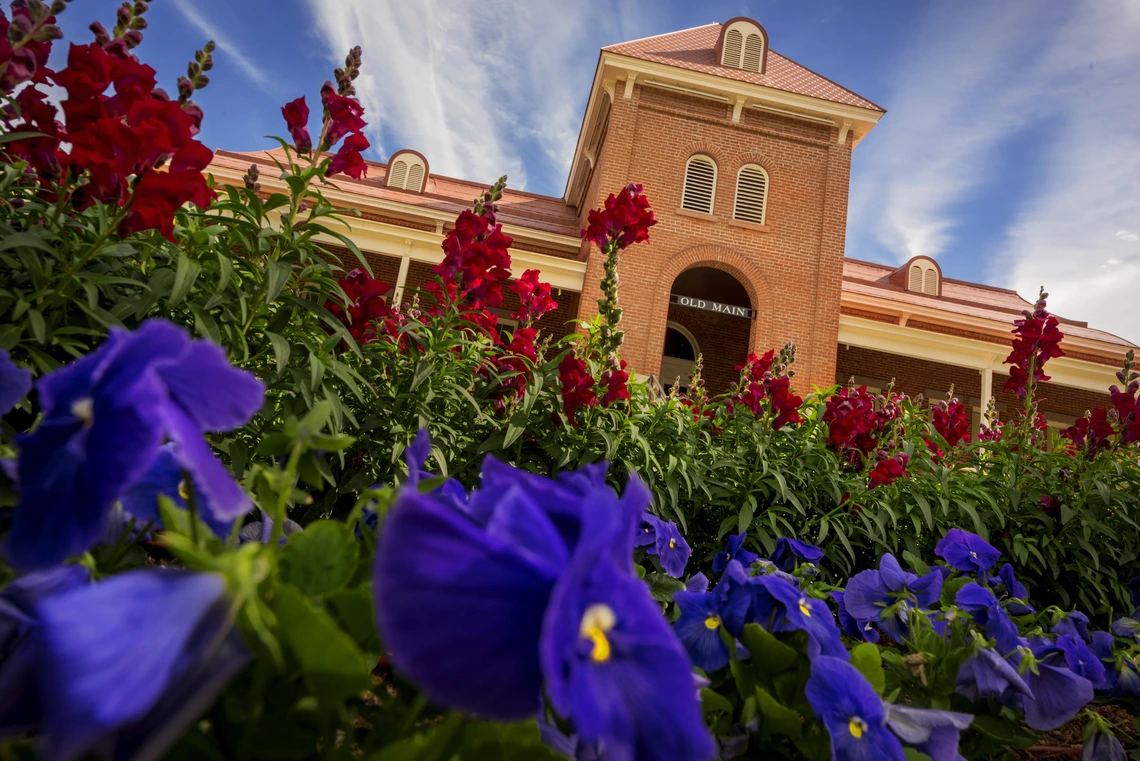 old main rising above a bed of flowers
