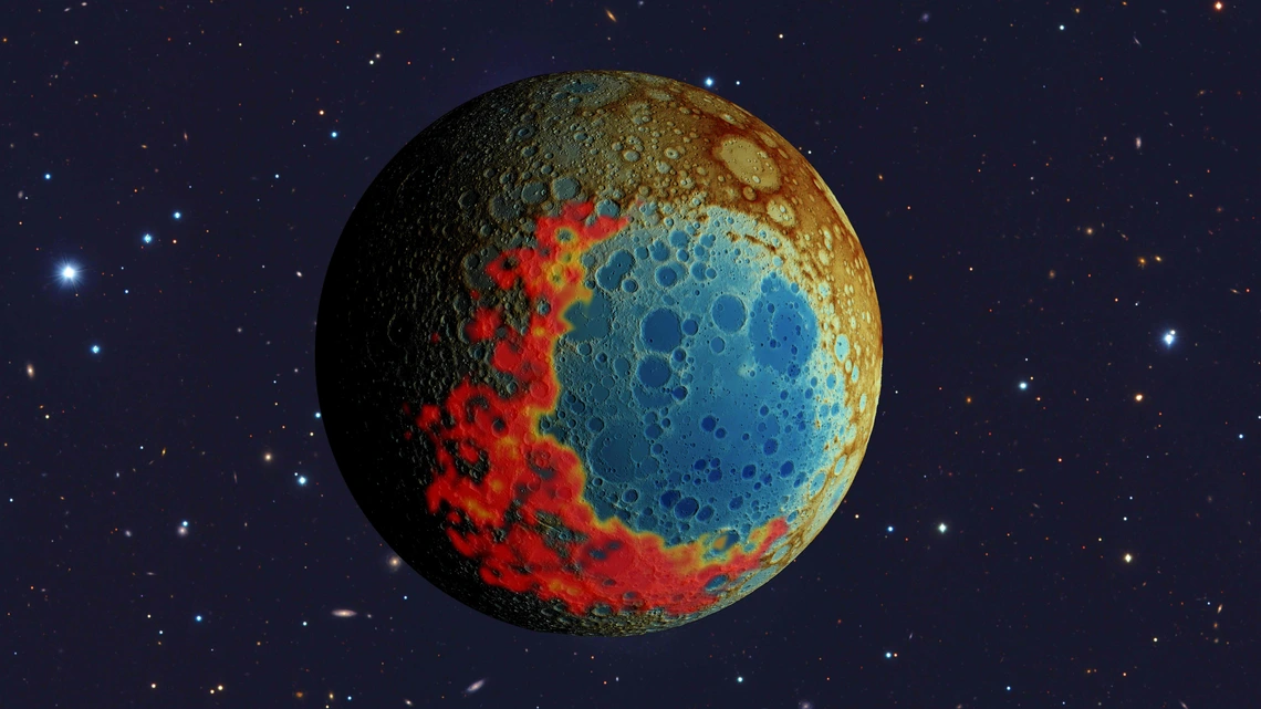 In this rendering, the lunar surface is represented by false colors. A blue circle indicates the low-lying South Pole-Aitken impact basin, surrounded by red and orange ejecta blankets to the south. 