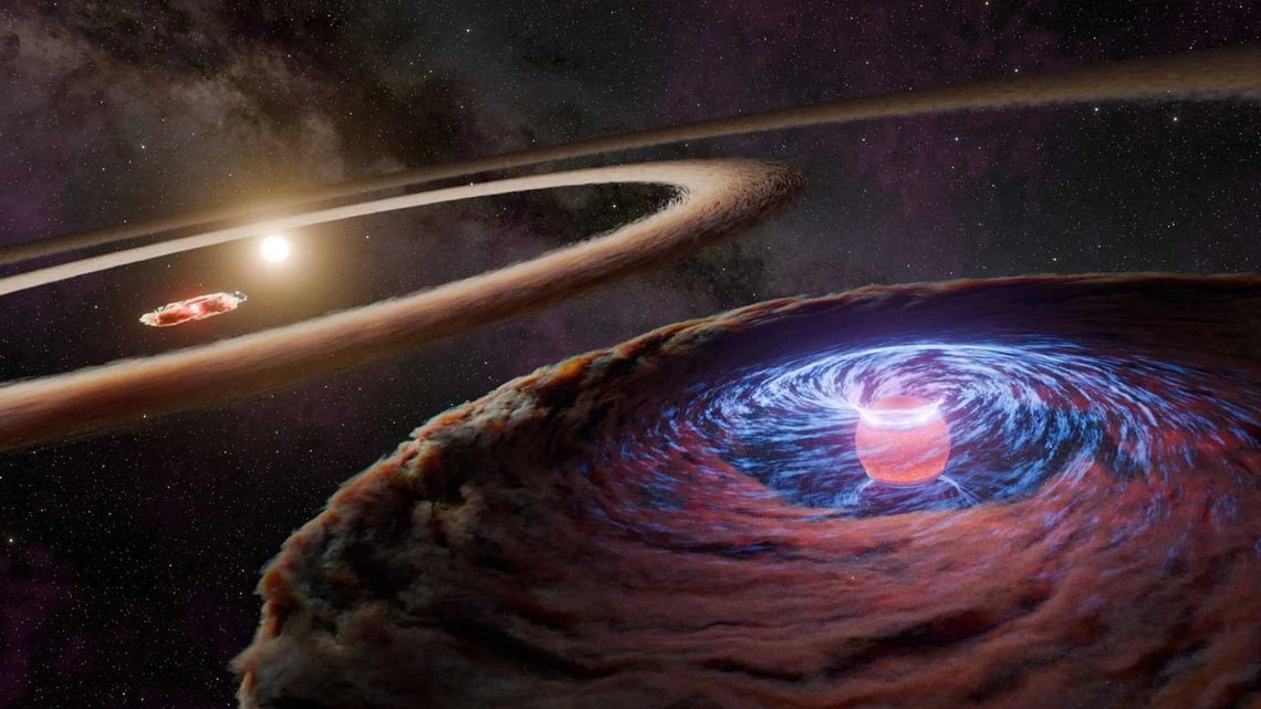 Artist's illustration of protoplanet WISPIT 2b, surrounded by a swirling cloud of gas and dust, with its host star in the distance. 