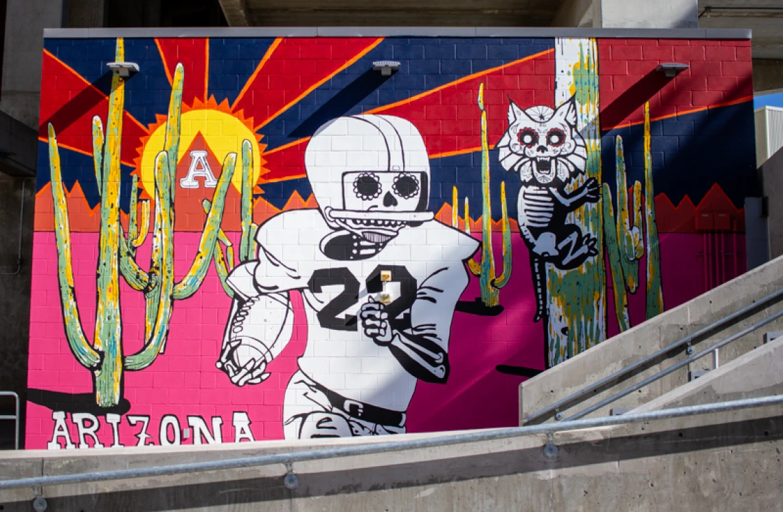 Local artist Danny Martin's new mural at the southeast corner of Arizona Stadium, titled "The Cactus Comet Rides Again," depicts legendary UA football player Art Luppino. (Photo: Kyle Mittan/University Communications)