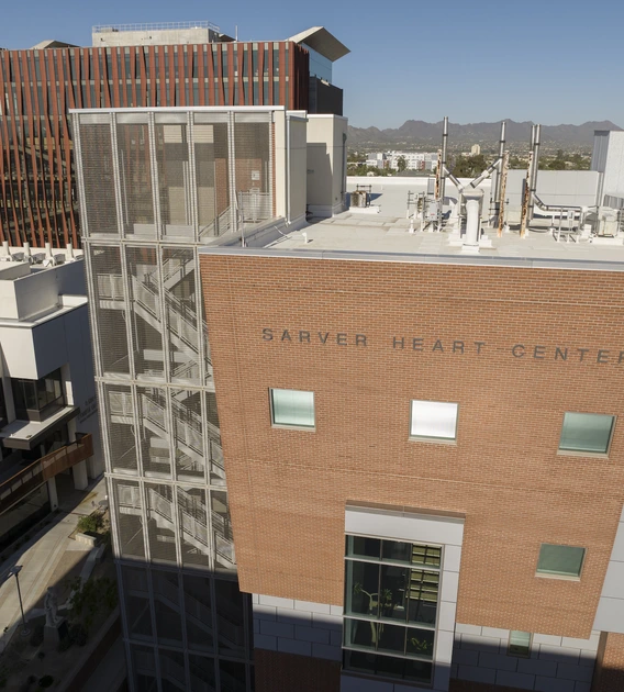an aerial view of the entrance of the sarver heart center