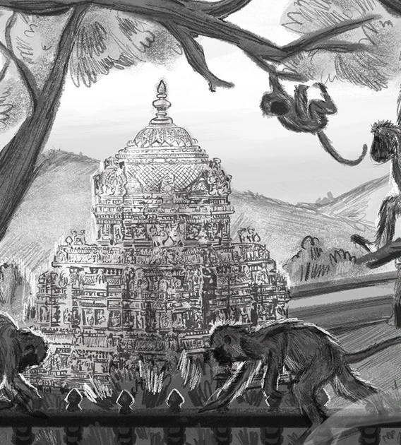 A grayscale illustration showing several monkeys perched on and swinging from tree branches in the foreground, with an intricately detailed South Indian temple in the background. The temple is surrounded by hills, and the scene evokes a sense of cultural and environmental richness.