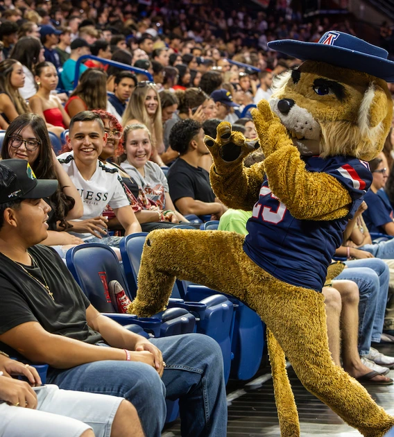 Wilbur Wildcat, the University of Arizona mascot, playfully poses in the stands with cheering students during the Destination Arizona event.