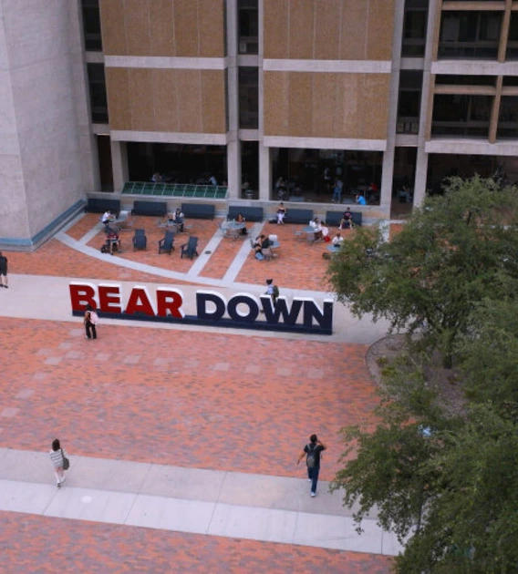 Overhead view of University of Arizona campus and Bear Down sign.