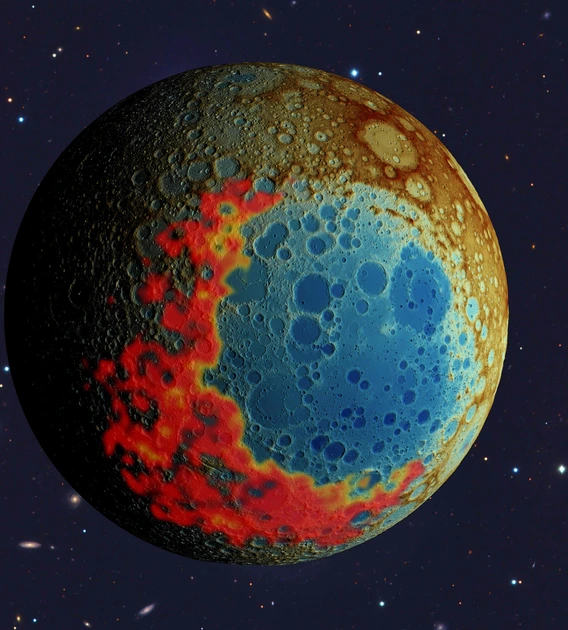 In this rendering, the lunar surface is represented by false colors. A blue circle indicates the low-lying South Pole-Aitken impact basin, surrounded by red and orange ejecta blankets to the south. 