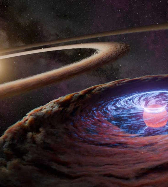 Artist's illustration of protoplanet WISPIT 2b, surrounded by a swirling cloud of gas and dust, with its host star in the distance. 