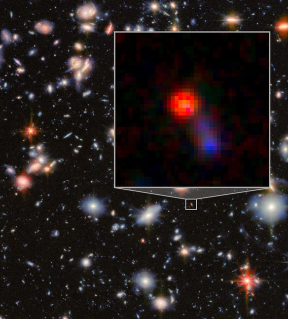 Galaxies of many shapes and colors dot the black background of distant space, with an inset zooming in on the red object dubbed "Virgil," the object of the study reported here.