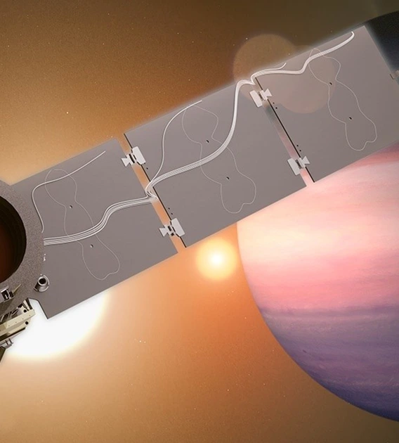 Artist's illustration of the Pandora spacecraft, consisting of a telescope lens and three solar panels extended. The sun and Jupiter are in the background. 