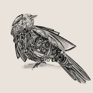 A grayscale illustration of a bird with mechanical and robotic inner parts exposed on one side. The bird's head, tail, and part of its wing appear organic, while gears, wires, and metal plates are visible inside its body, blending nature with technology.