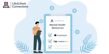 Illustration showing a person holding a tablet next to a large clipboard labeled “Mental Health Resources” with the University of Arizona logo and “Human Resources” at the top. The checklist includes ComPsych and CredibleMind with checkmarks. The University of Arizona Life & Work Connections logo appears in the upper left corner.