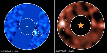 Side-by-side images show the putative planet as a bright dot on two opposite sides of its host star. 
