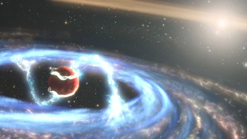 In this artist's illustration, lightning-like streaks of light stream onto a growing planet from its surrounding disk of dust and gas.