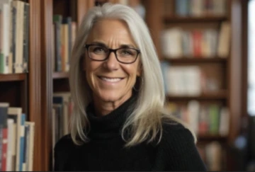 Beth Meyerson in a library posing near a bookshelf