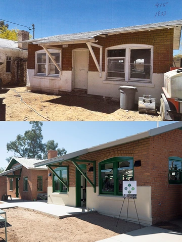 Side-by-side photos show the transformation of a historic brick house at 415 N. Mountain Avenue. The top image shows the structure before restoration, with peeling paint and visible wear. The bottom image shows the same building fully renovated with fresh brickwork, green trim, and landscaped walkways as part of the Sprouts House project.