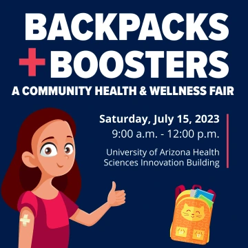 Illustration of a young girl with long brown hair with a bandage on her arm, smiling and giving a thumbs up. Accompanied by the text: Backpacks + Boosters: A Community Health & Wellness Fair"