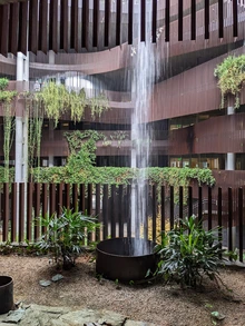 Waterfall feature inside the ENR2 courtyard, where rainwater cascades from the roof into a collection basin, surrounded by plants and vertical garden walls.
