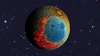 In this rendering, the lunar surface is represented by false colors. A blue circle indicates the low-lying South Pole-Aitken impact basin, surrounded by red and orange ejecta blankets to the south. 