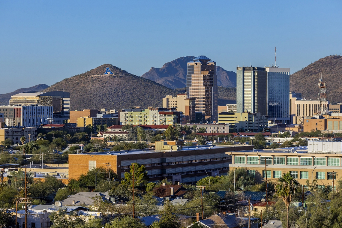 wide shot of university of arizona campus and mountains